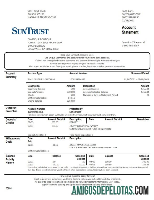 Modelo de extrato bancário Georgia SunTrust para impressão nos EUA em formato Word e PDF (para proprietário individual)